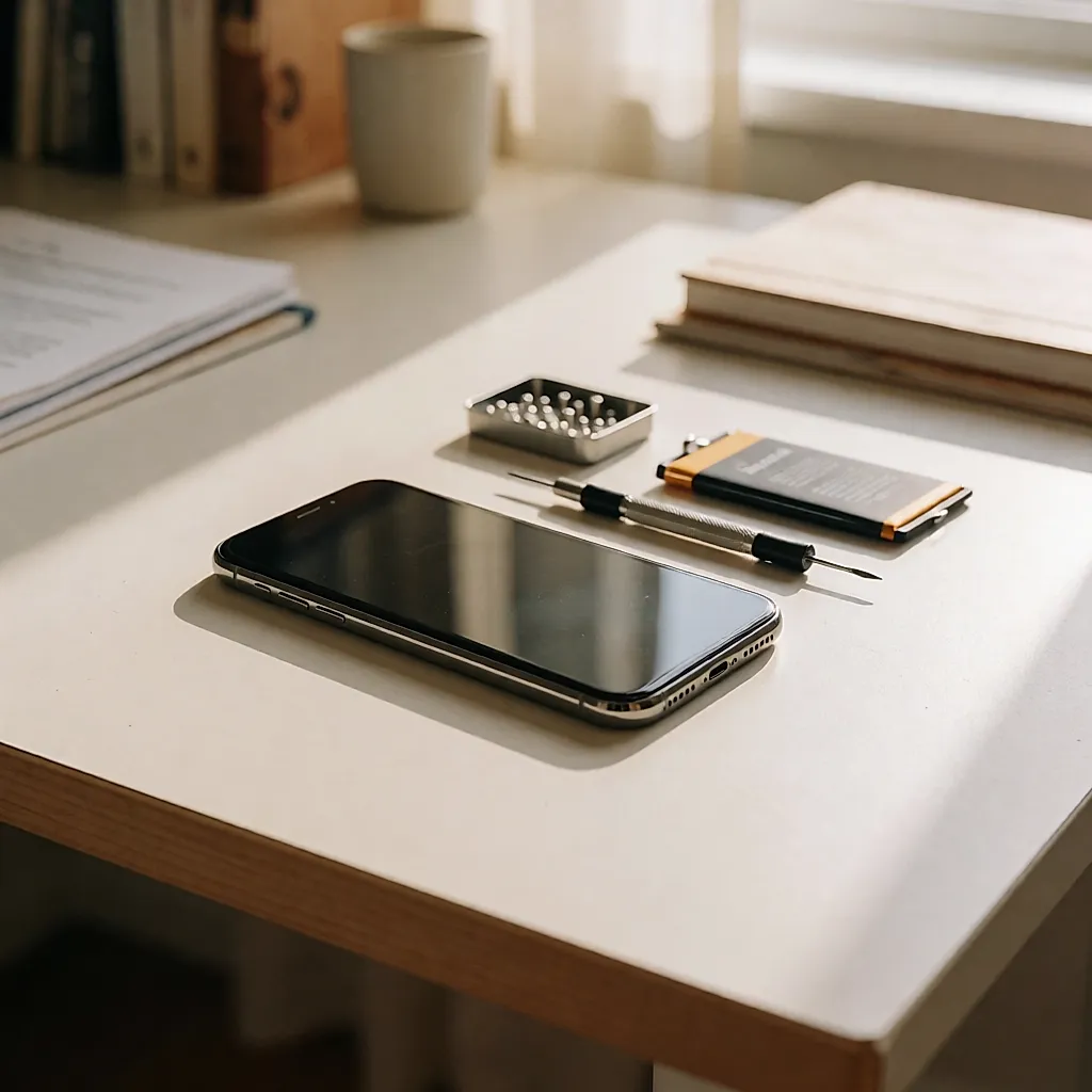 Smartphone reacondicionado y un pequeño kit de reparación sobre un escritorio claro