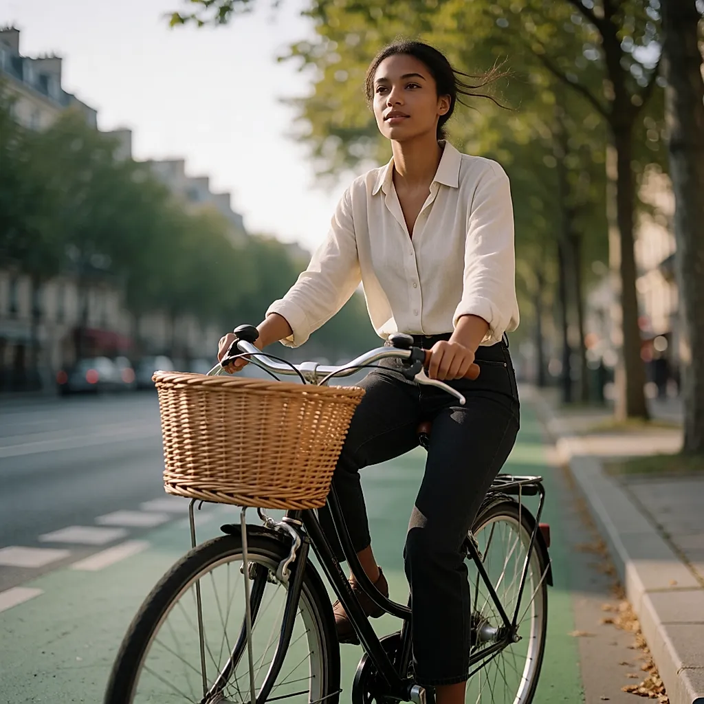 Mujer joven en bici por un carril bici urbano, luz de la mañana