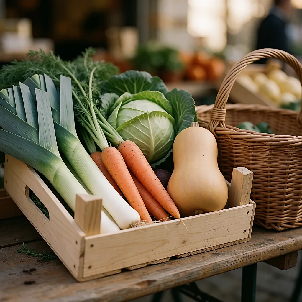 Caja de verduras de temporada de invierno en un puesto de mercado, luz natural