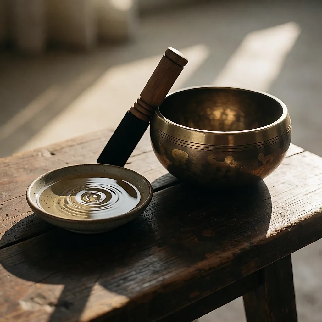 Uma taça tibetana pousada sobre madeira, com o maço encostado à borda