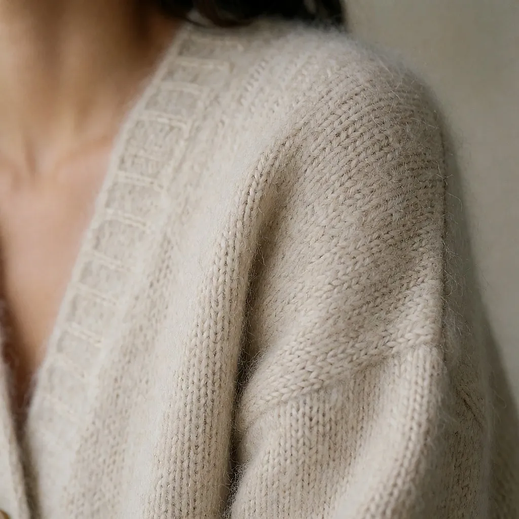Gros plan sur la surface duveteuse et dense d'un gilet en laine bouillie