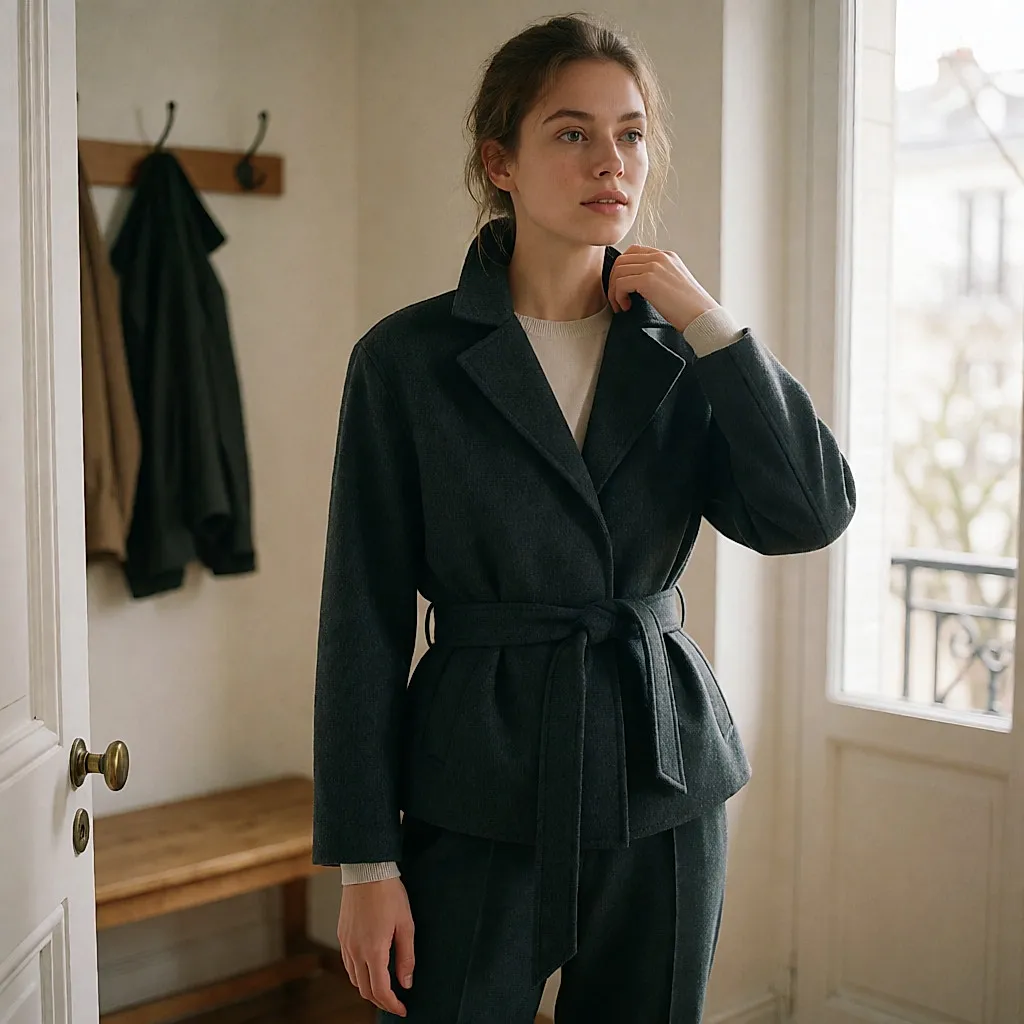 Veste courte ceinturée en laine bouillie portée sur une maille fine