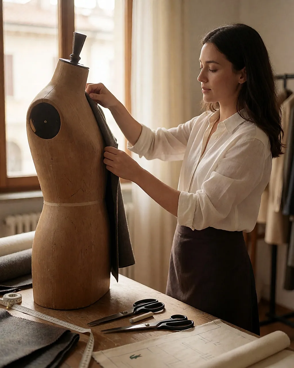 Manos de costurera ajustando el hombro de una chaqueta sobre un maniquí de taller