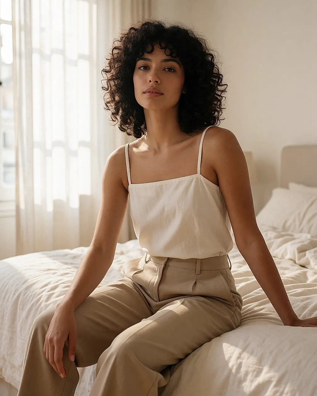 Un caraco en coton dense porté seul, glissé dans un pantalon taille haute