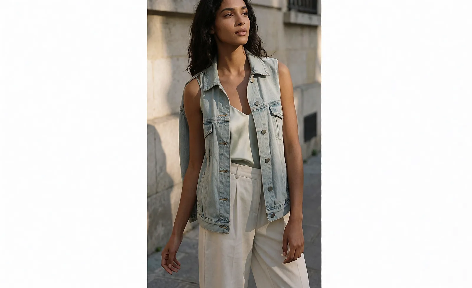 Un caraco satin porté sous une veste en jean oversize, en pleine rue