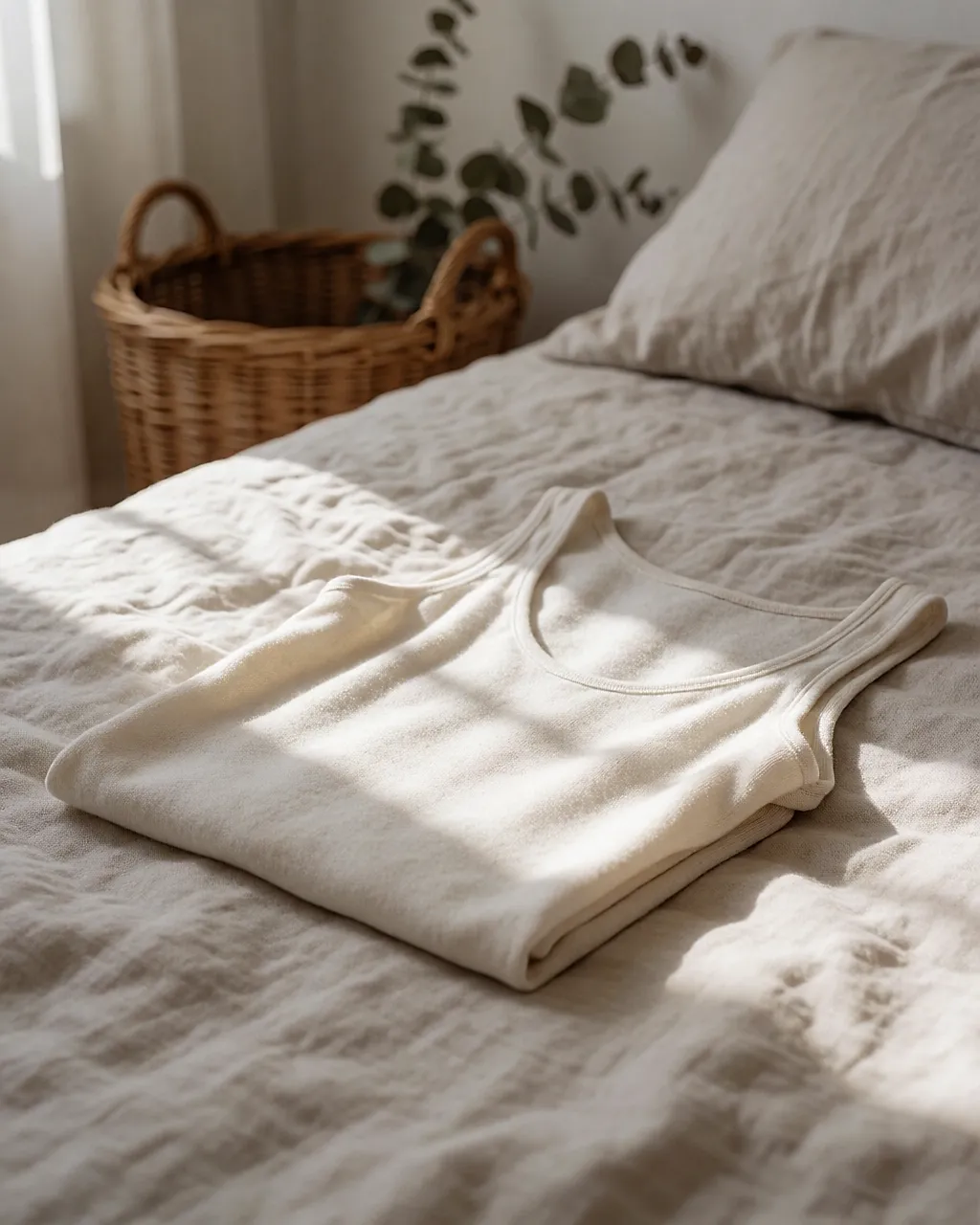 Un caraco en micromodal posé sur un lit défait, matière et tombé visibles