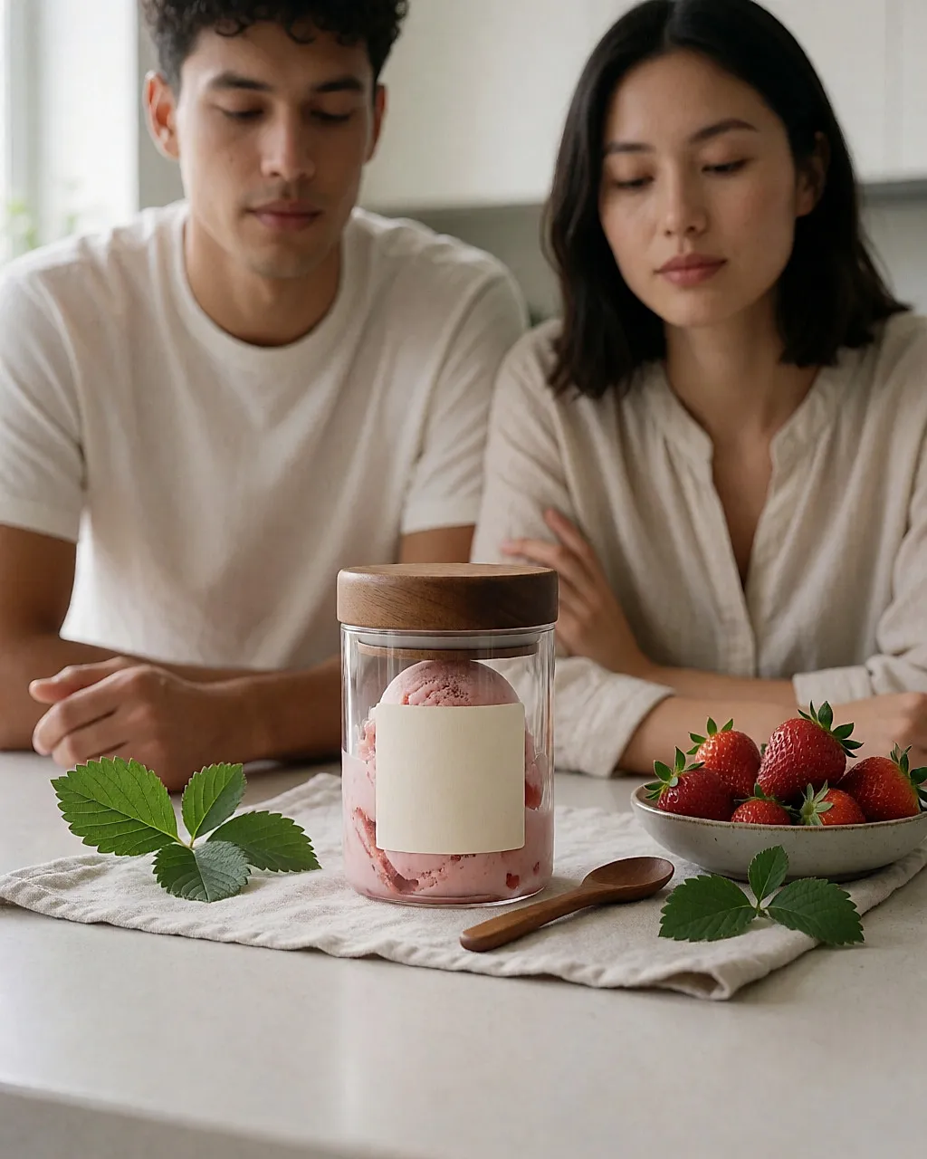 Pot en verre réutilisable de glace maison aux fraises posé sur un linge près de fruits frais