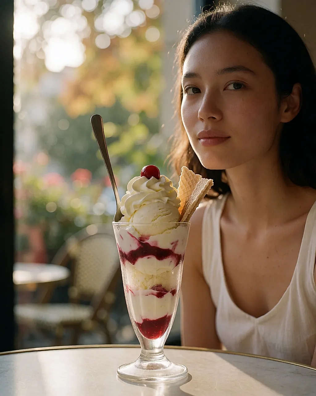 Sundae dans un grand verre, couches de glace vanille, sauce aux fruits rouges et chantilly