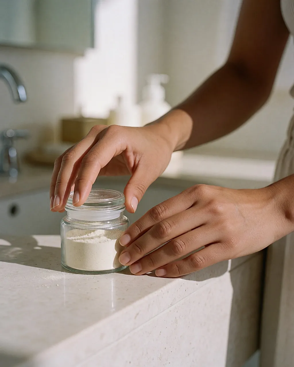 Two hands closing the lid on a pot of powder to keep out moisture