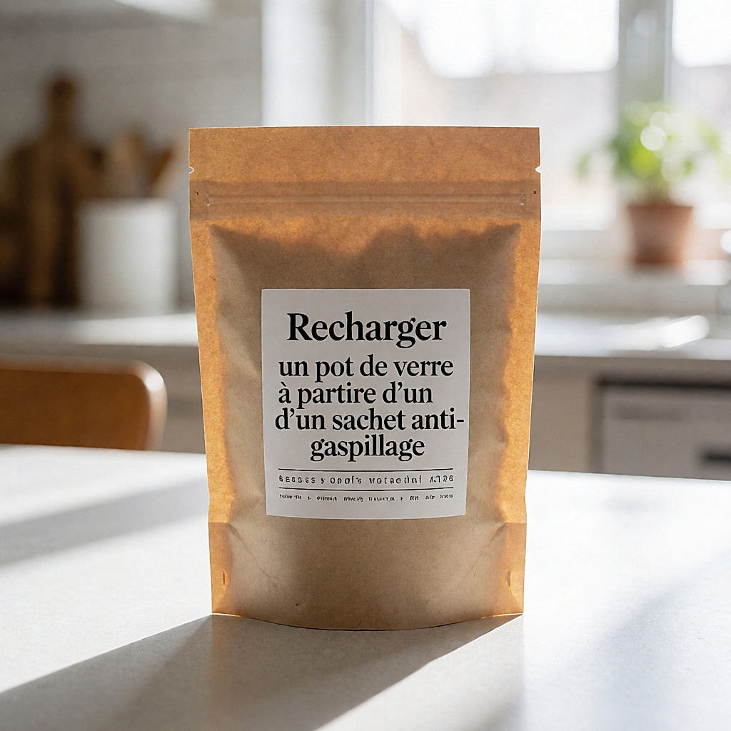 Refilling a glass pot from a kraft paper sachet, a low-waste move