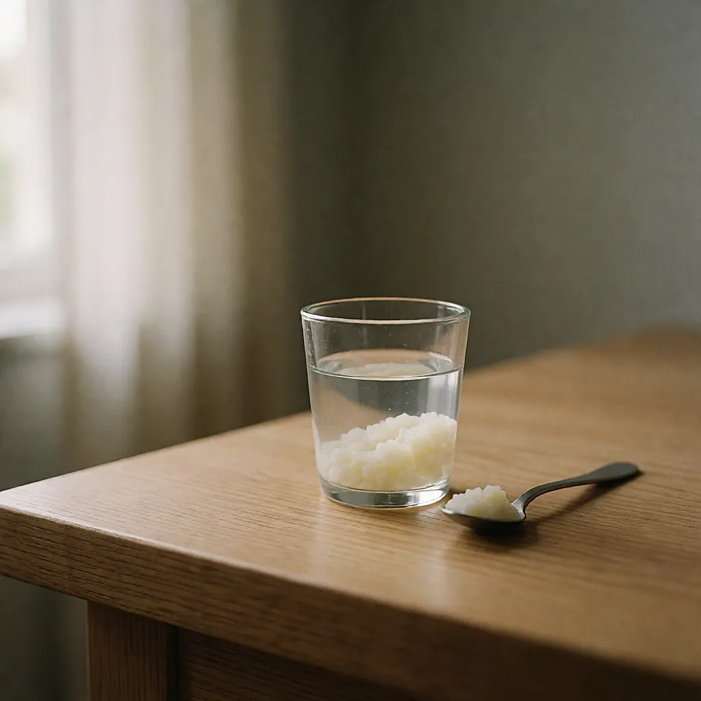 Durchscheinende Wasserkefir-Knollen in einem kleinen Glas Wasser, Makroaufnahme