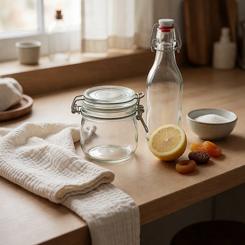 Glas mit Dichtung, Mulltuch, Bügelflasche, Zitrone und Trockenfrüchte auf einer Arbeitsplatte
