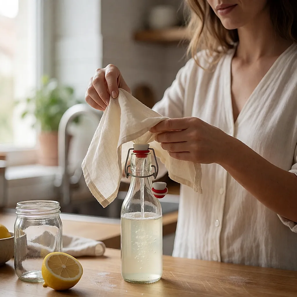 Hände filtern Kefir durch ein Mulltuch über einer Bügelflasche