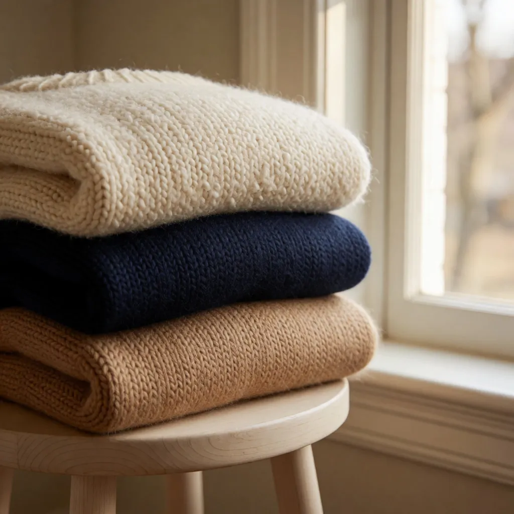 Three folded knit jumpers stacked on a wooden stool by a window