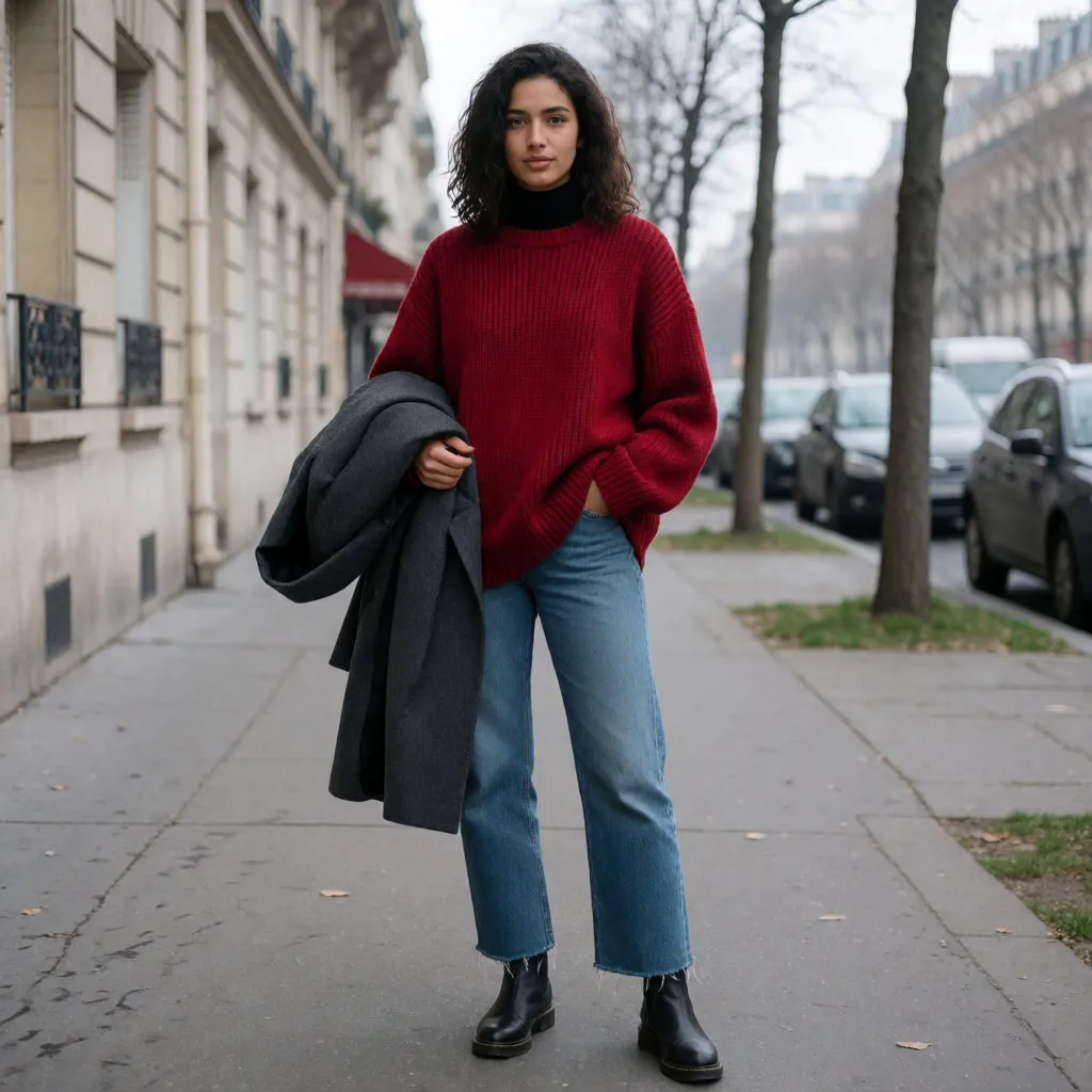 Young woman in an oversized carmine-red jumper and fine roll neck standing in a quiet street