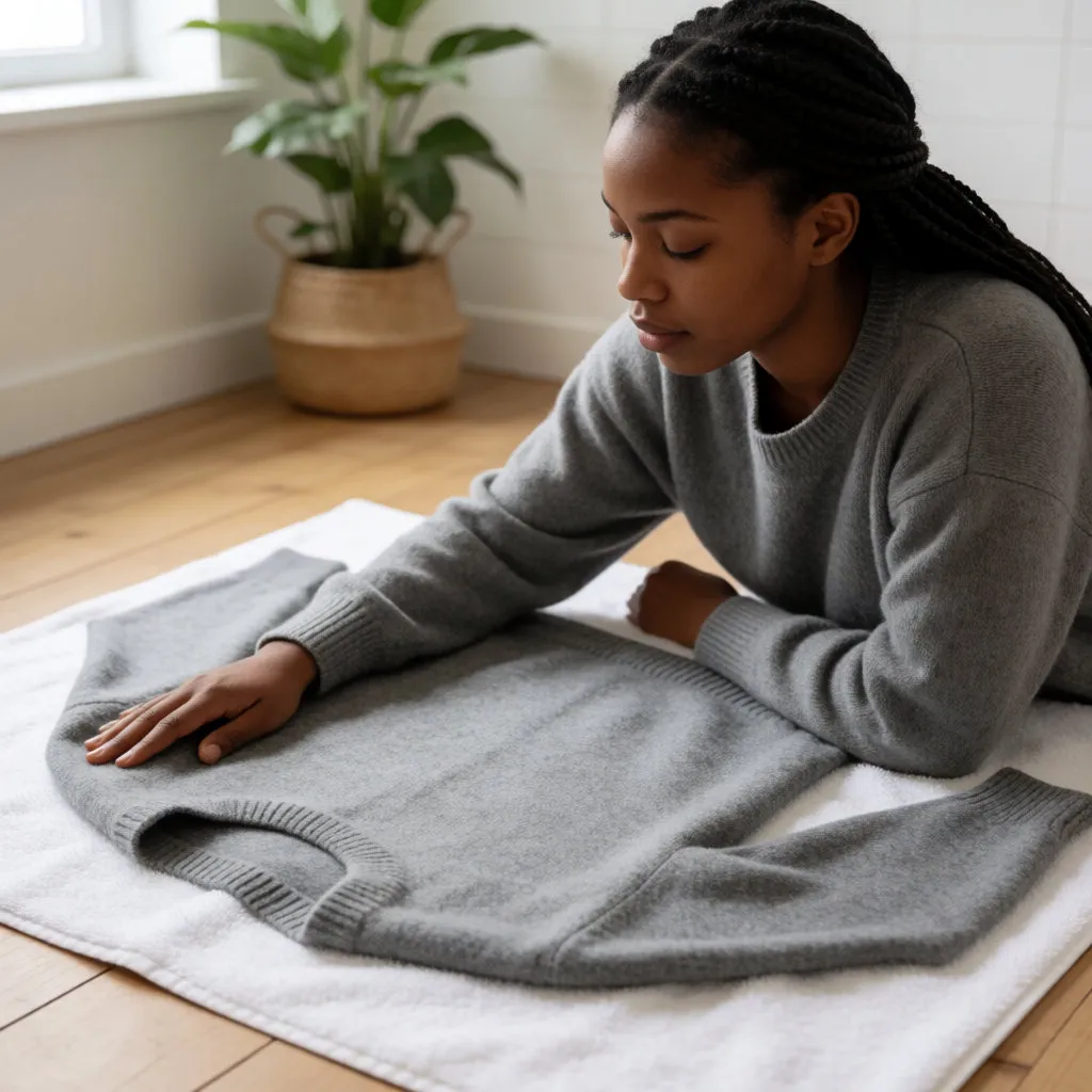 Young Black woman drying a wool jumper flat on a towel