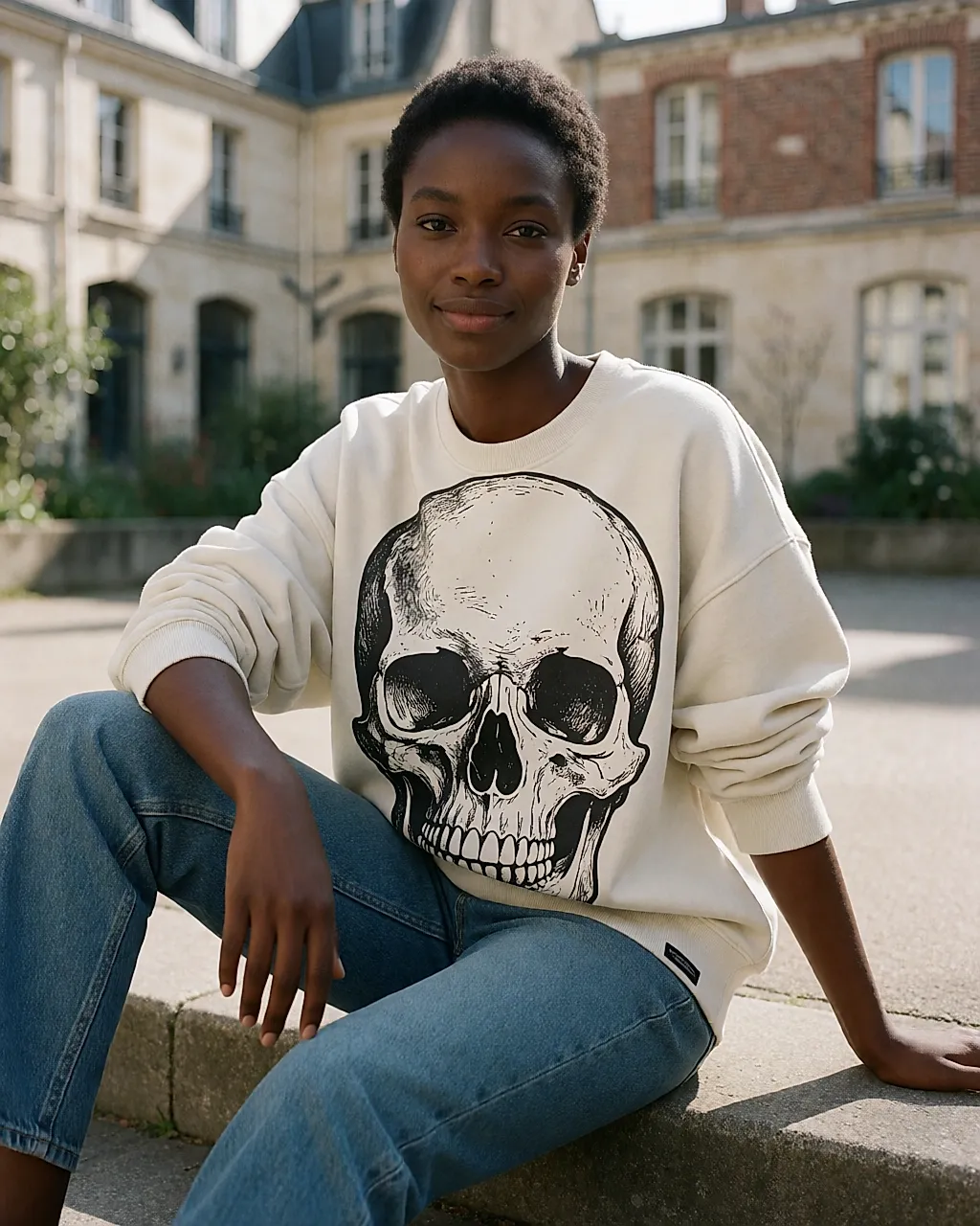 French Connection fleece-back sweatshirt with skull motif, loose fit, worn in the street