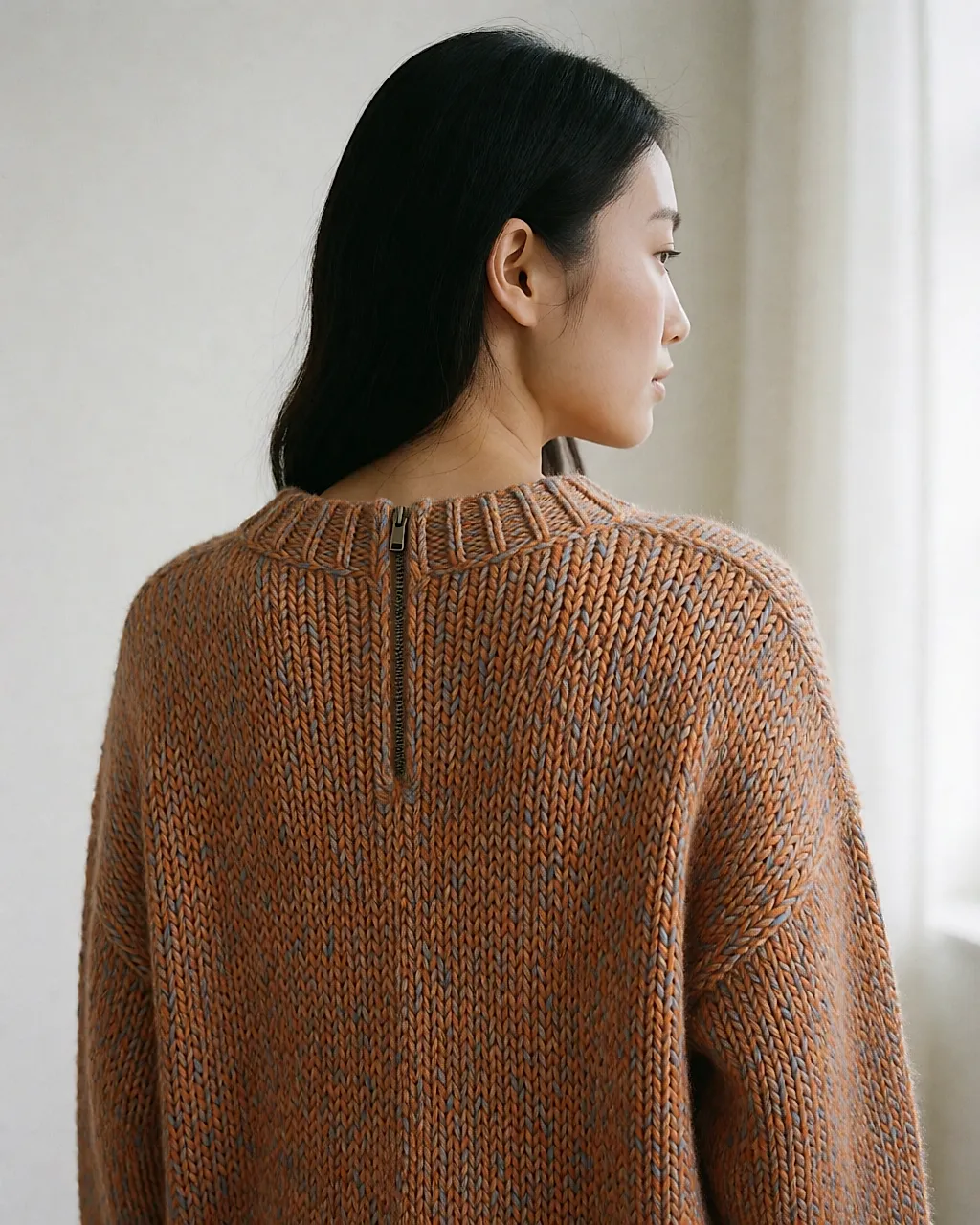 Ba&sh pumpkin and blue-grey jumper with a small back zip, seen from behind