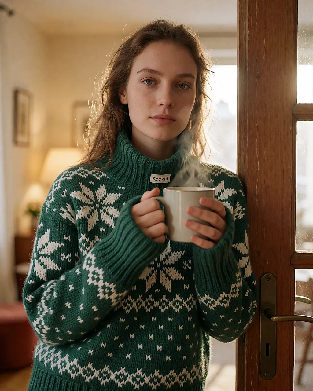 Kookaï green jumper with snowflake motifs and roll neck, warm knit worn at home