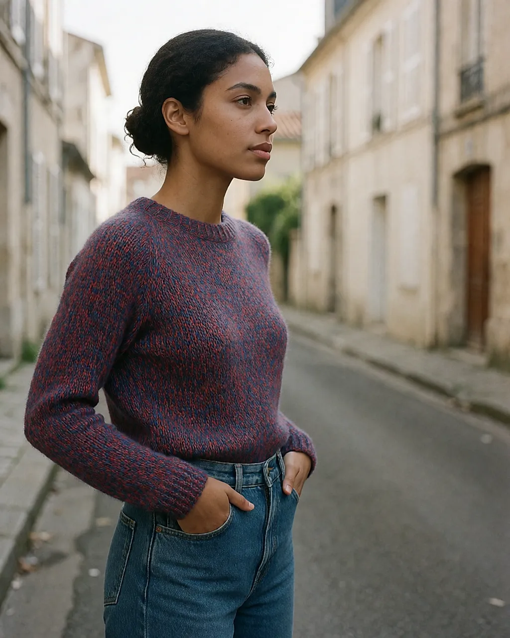 Tequila Solo blue and red marled jumper with a straight cut, worn in the street