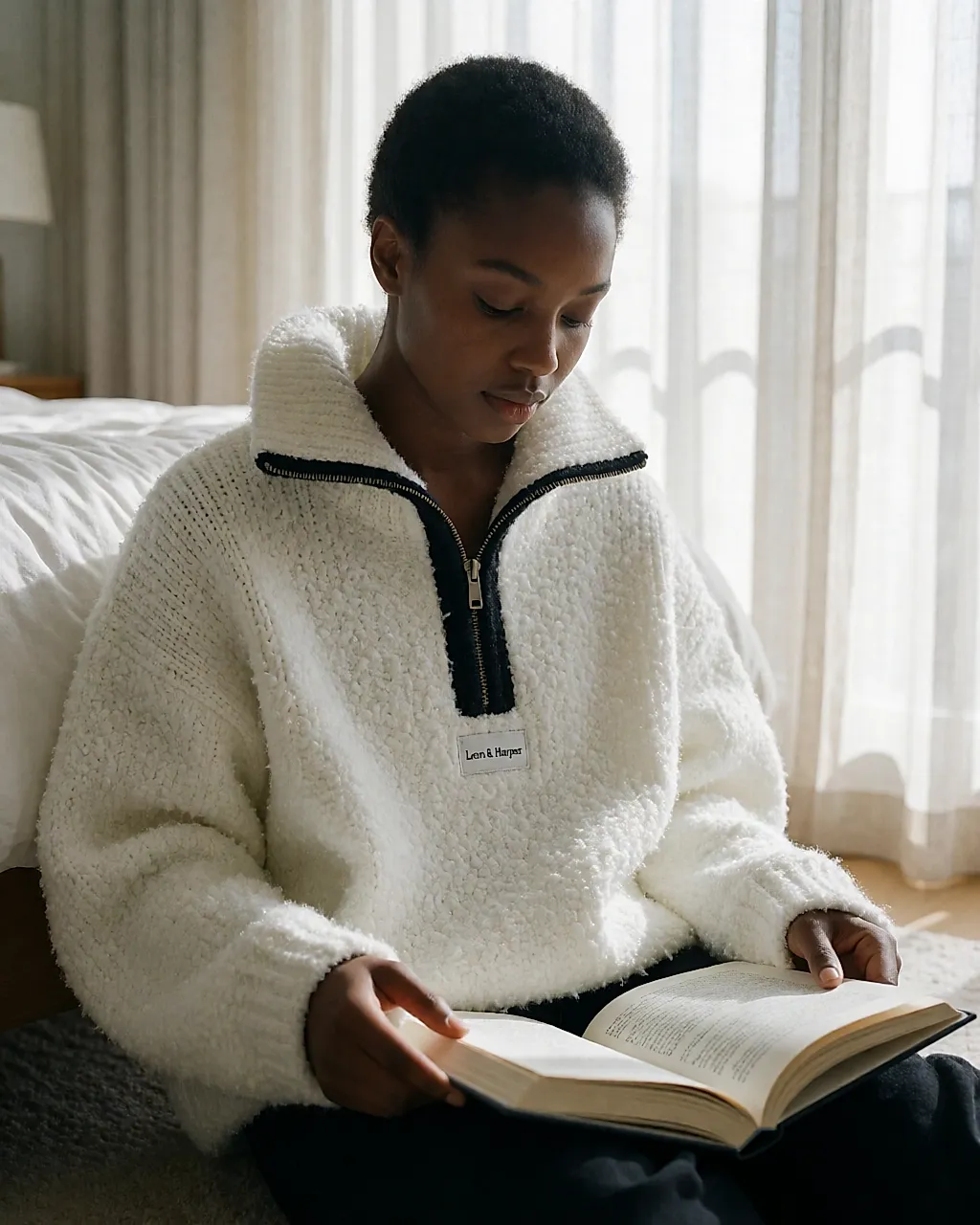 Leon & Harper oversized white looped-knit jumper with roll neck and contrast zip