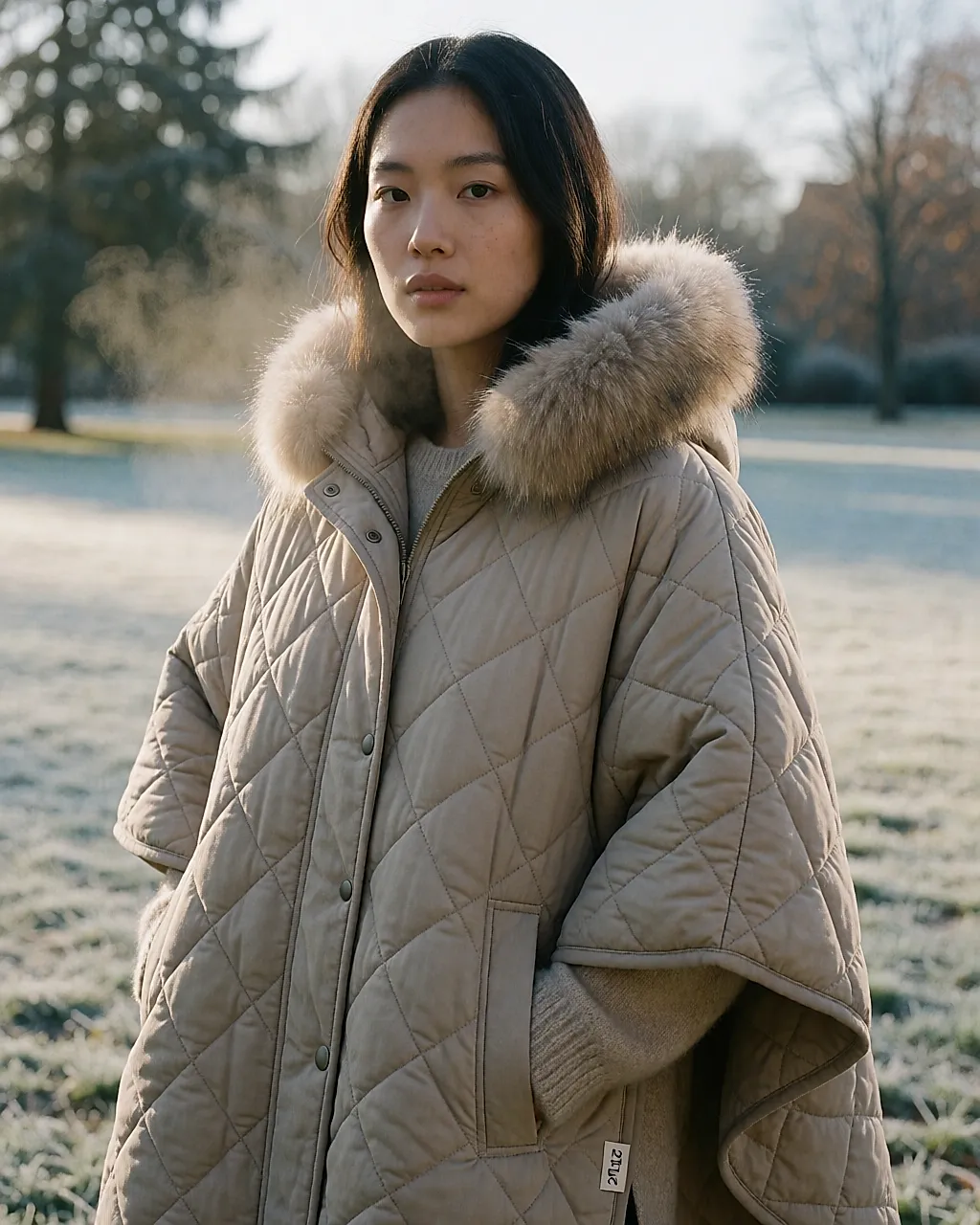 2Two fleece-back cotton poncho with large fur-trimmed hood, worn outside