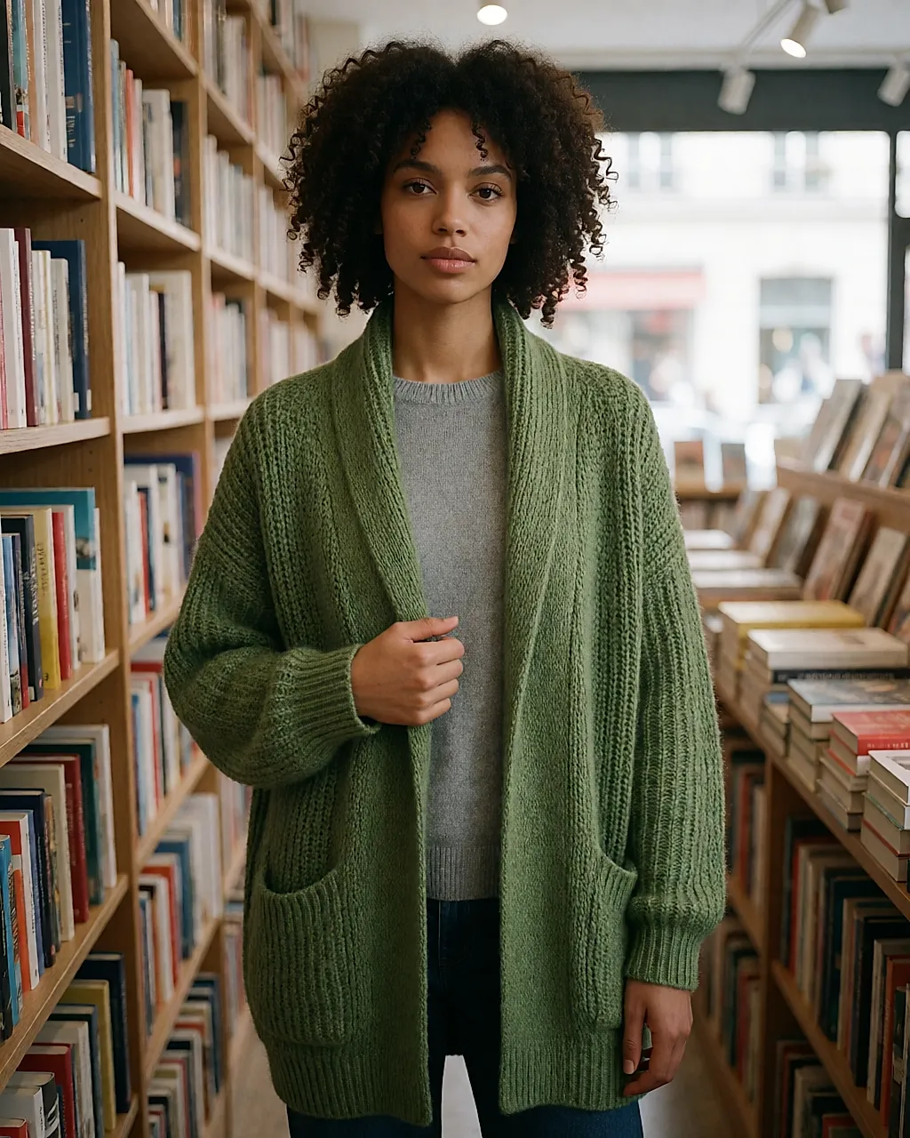 Le Phare de la Baleine unstructured teal chunky-knit cardigan, worn in a bookshop