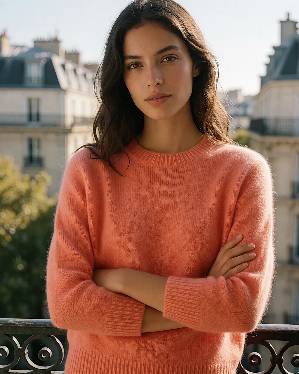 Massimo Dutti soft coral jumper with straight cut, worn on a balcony