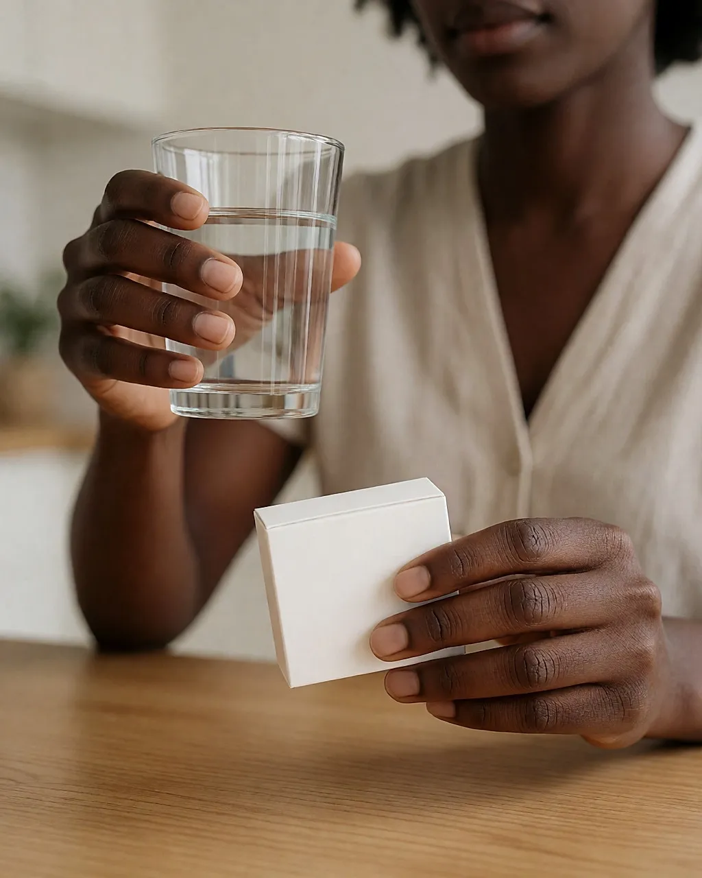 Hände halten eine neutrale Medikamentenschachtel und ein Glas Wasser über einem Tisch