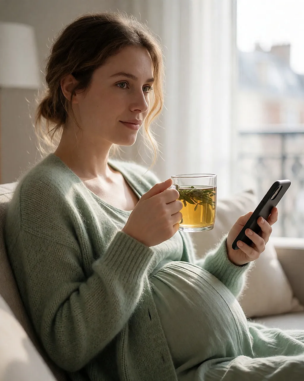 Schwangere Frau auf einem Sofa, mit einer Tasse Tee und einem Telefon in der Hand