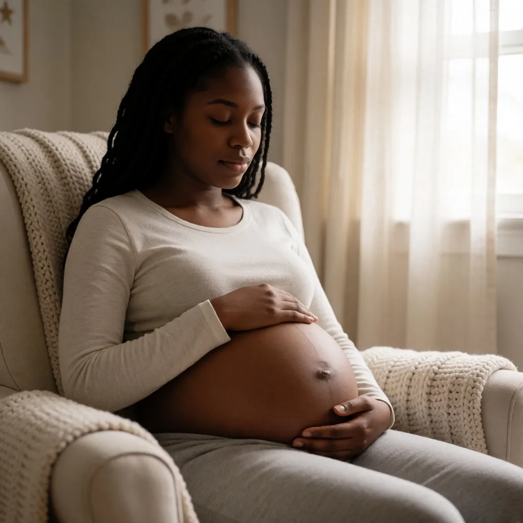 Jovem grávida negra sentada, com as mãos sobre a barriga, numa luz suave.