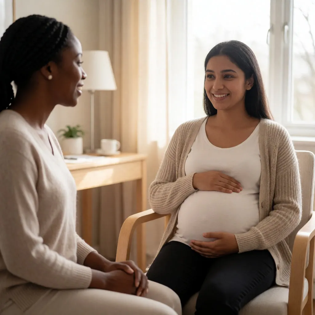 Grávida sul-asiática numa consulta com uma enfermeira obstetra negra num consultório luminoso.