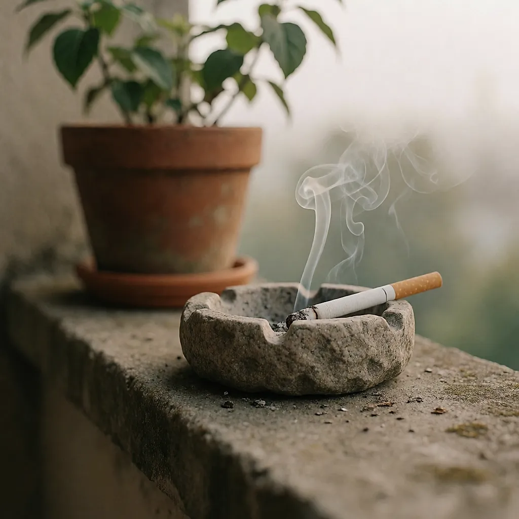Cigarette end stubbed out in a stone ashtray on a balcony ledge