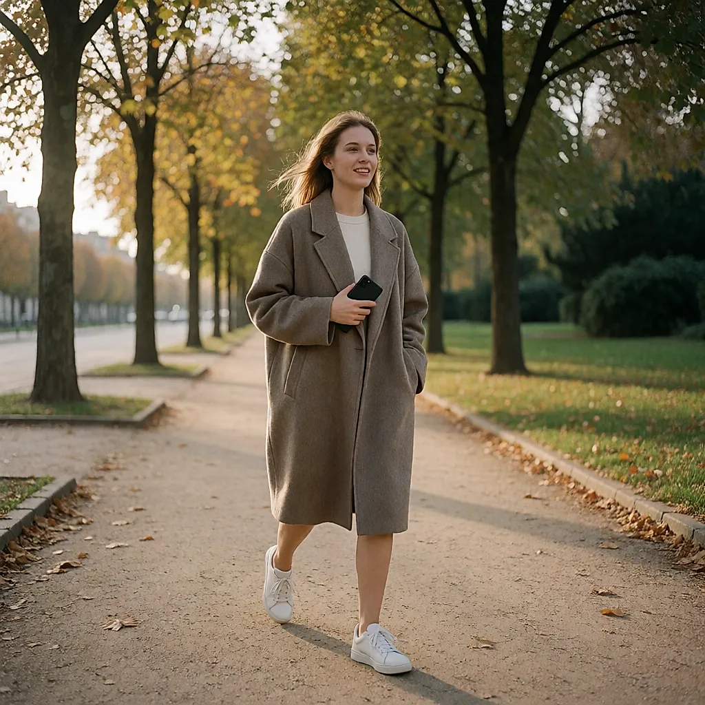 Young woman walking in a park, phone tucked away in her pocket