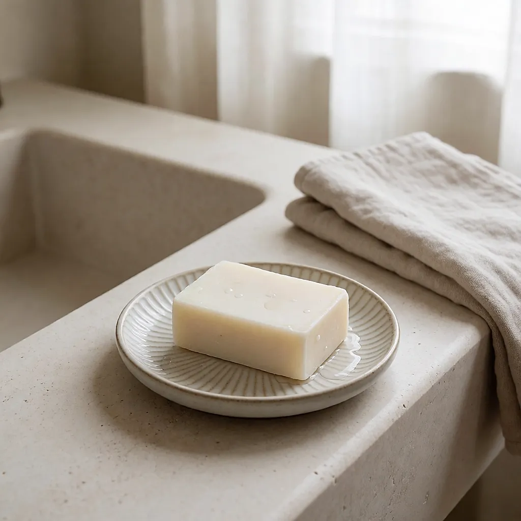 Unscented solid soap on a ceramic dish by the sink
