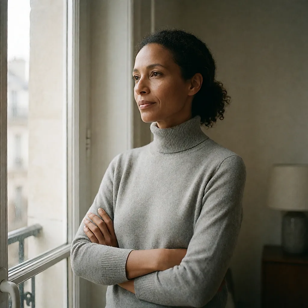 Woman in her thirties standing thoughtfully by a window