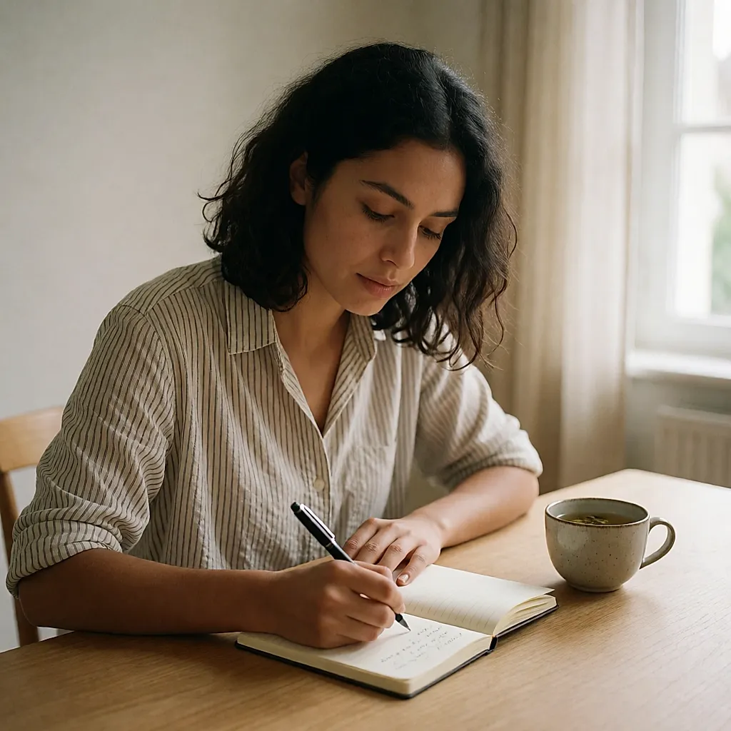 Young woman writing her questions in a notebook before an appointment