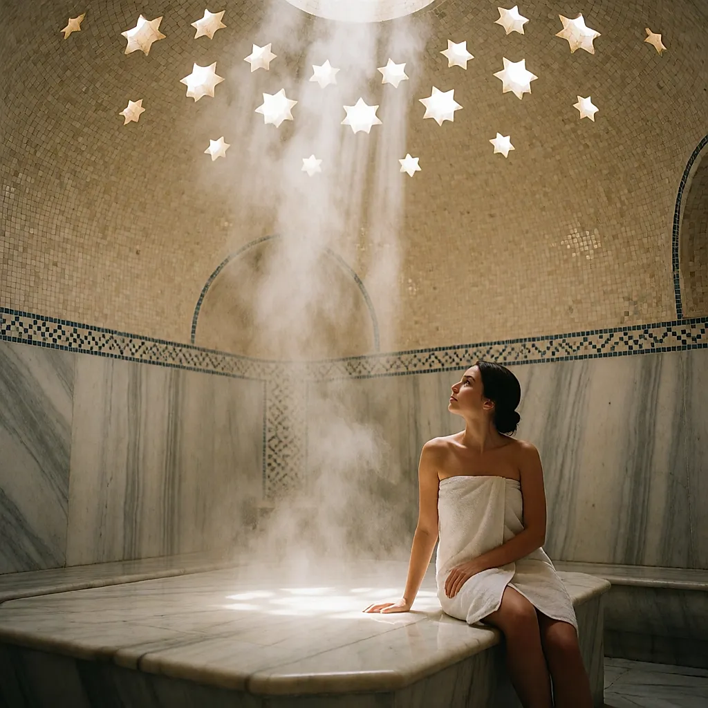 Coupole étoilée d'un hammam, rais de lumière et vapeur au-dessus du marbre