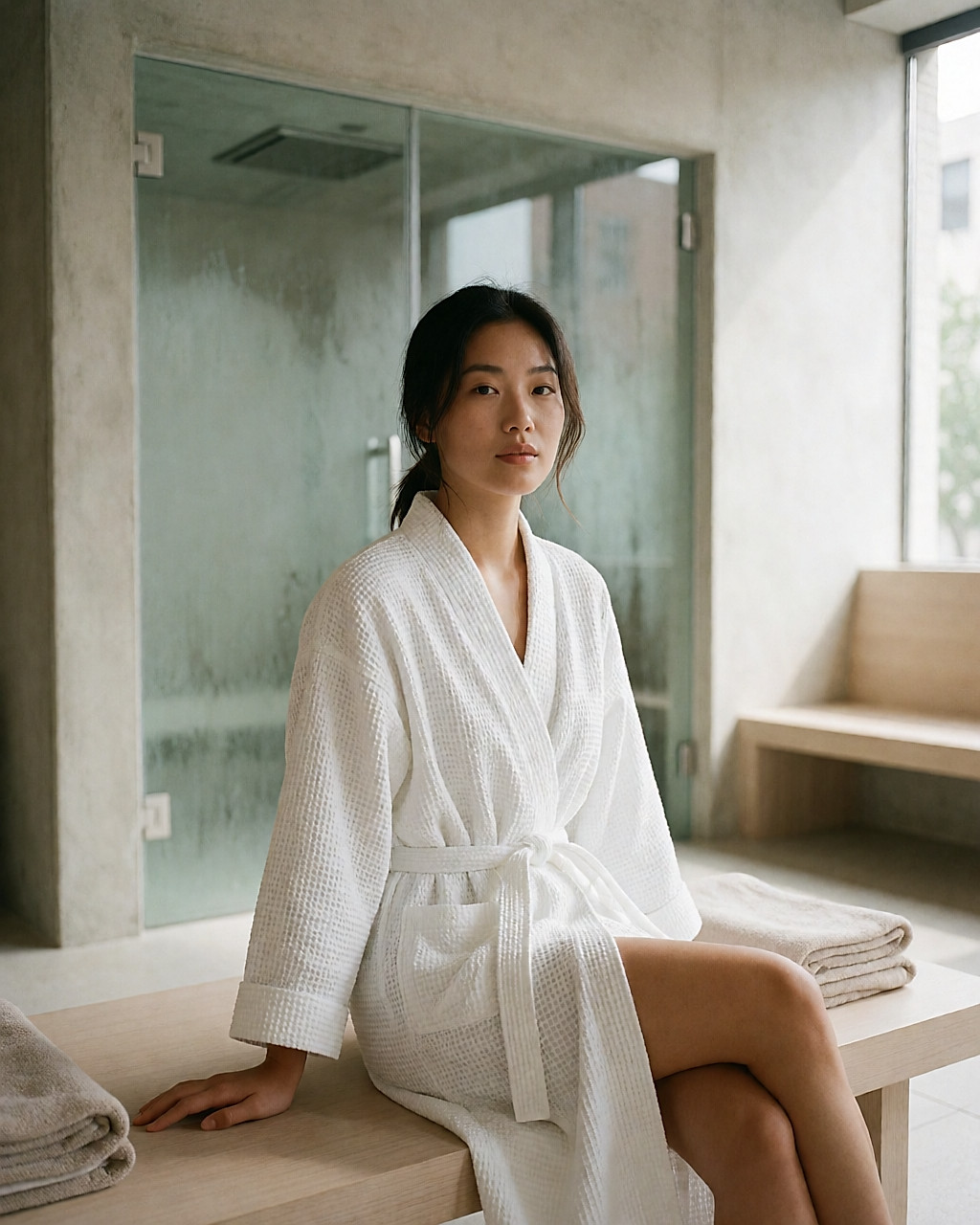 Young woman in a dressing gown in a contemporary urban spa, glass steam cabin in the background