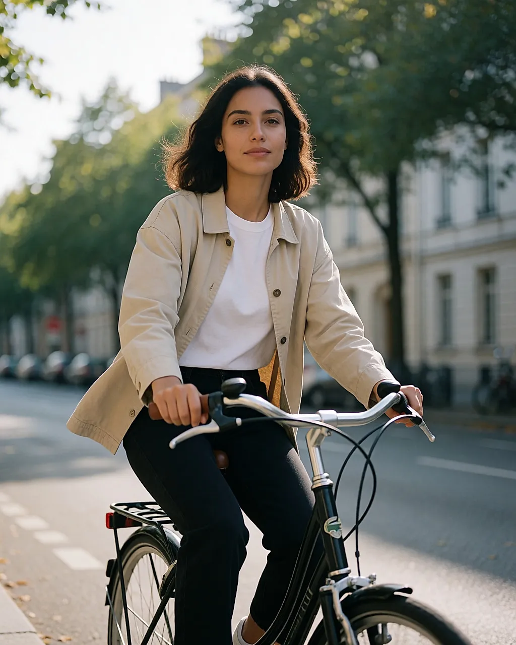 Junge Frau fährt am frühen Morgen in Alltagskleidung durch eine ruhige Straße Fahrrad