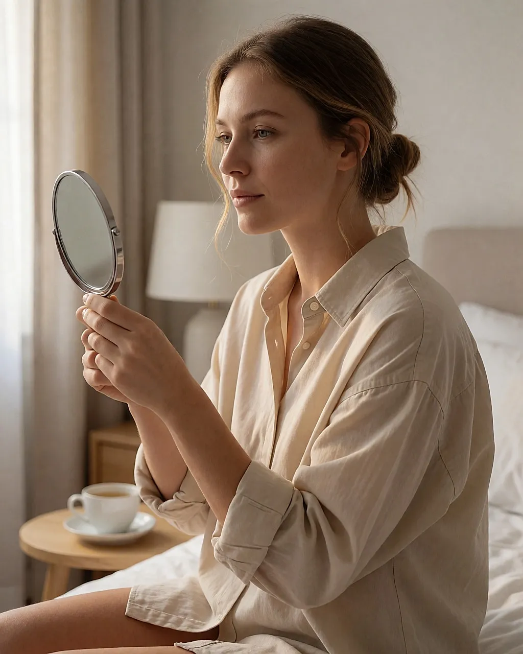 Woman checking her lip in a mirror, looking for the first sign of a recurring cold sore