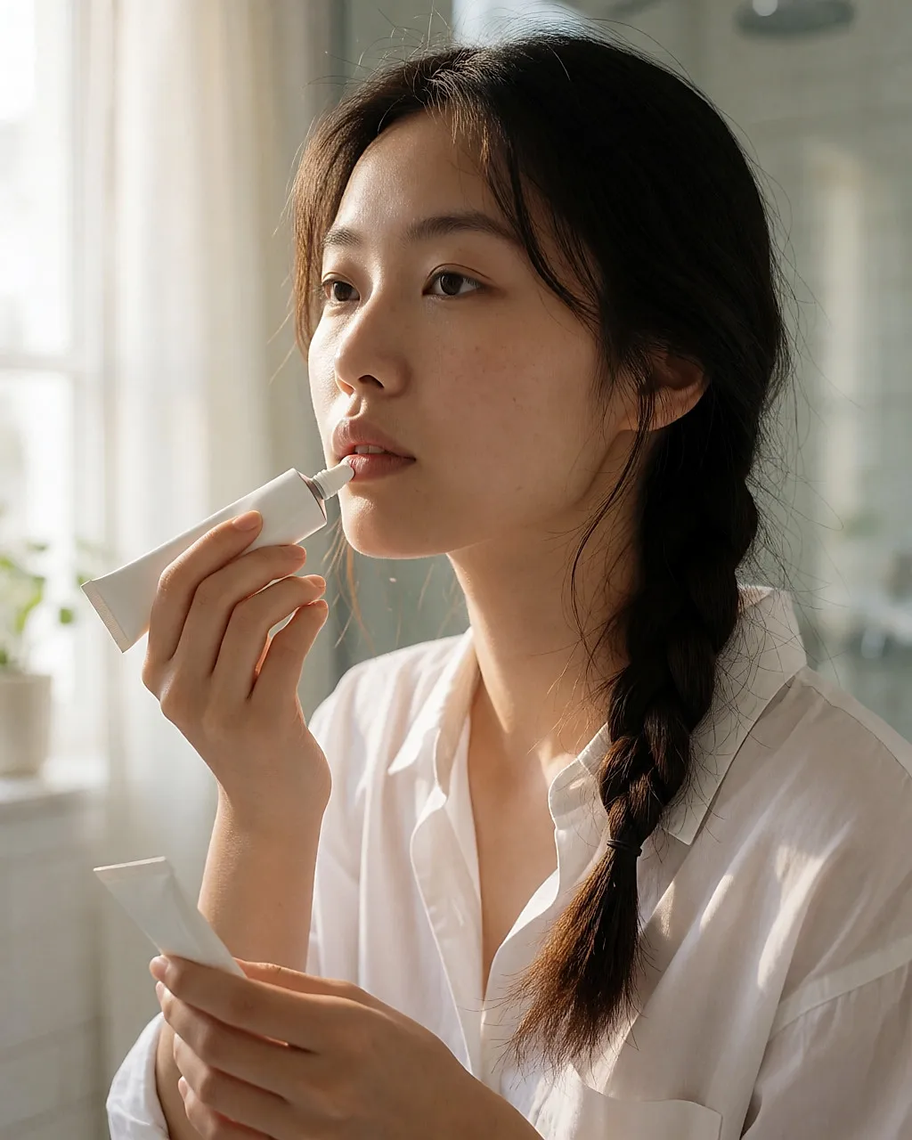 Young woman applying an antiviral cream to her lip with a cotton bud
