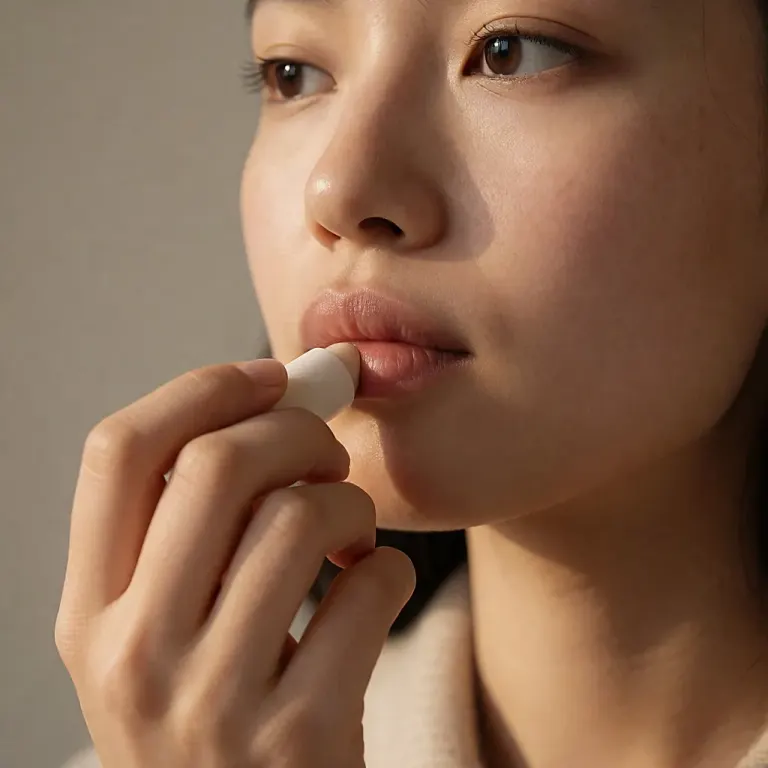 Close-up of a woman checking her lip in a mirror for the first signs of a cold sore