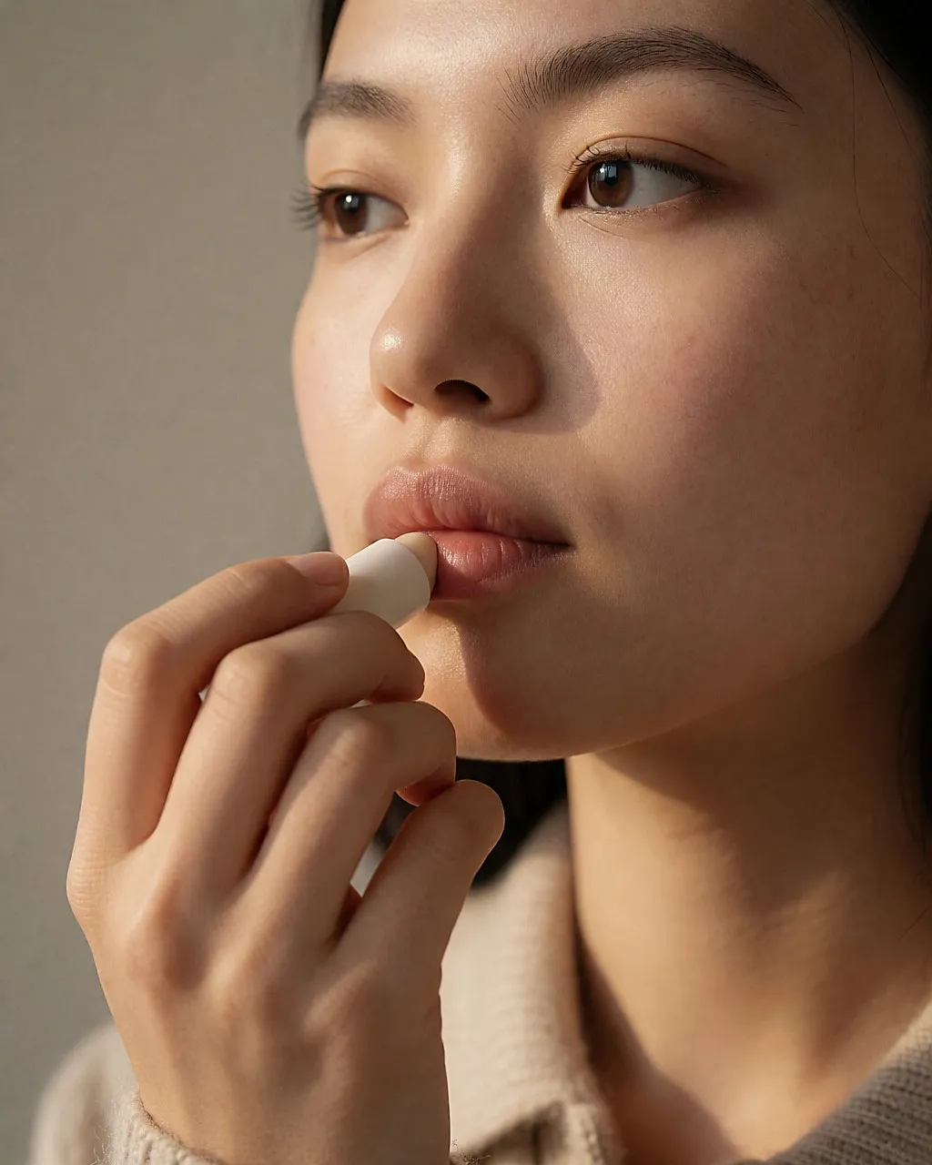 Close-up of a woman checking her lip in a mirror for the first signs of a cold sore