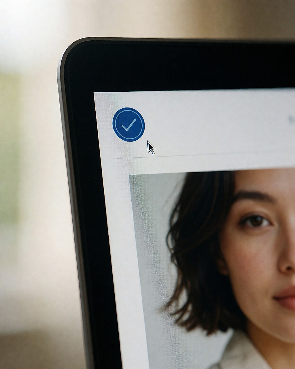 Gros plan sur le coin d'un écran affichant un petit badge rond bleu de certification