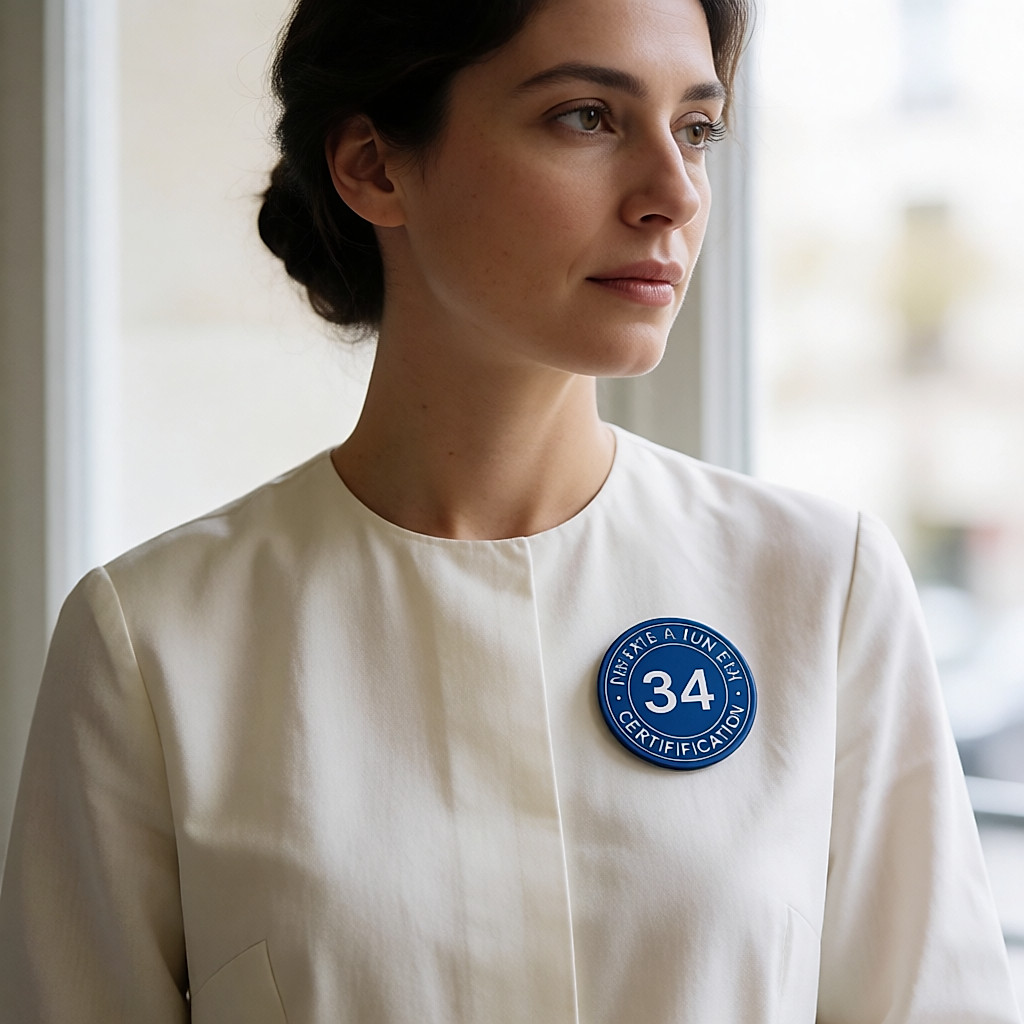 Primer plano de la esquina de una pantalla con una pequeña insignia azul redonda de certificación