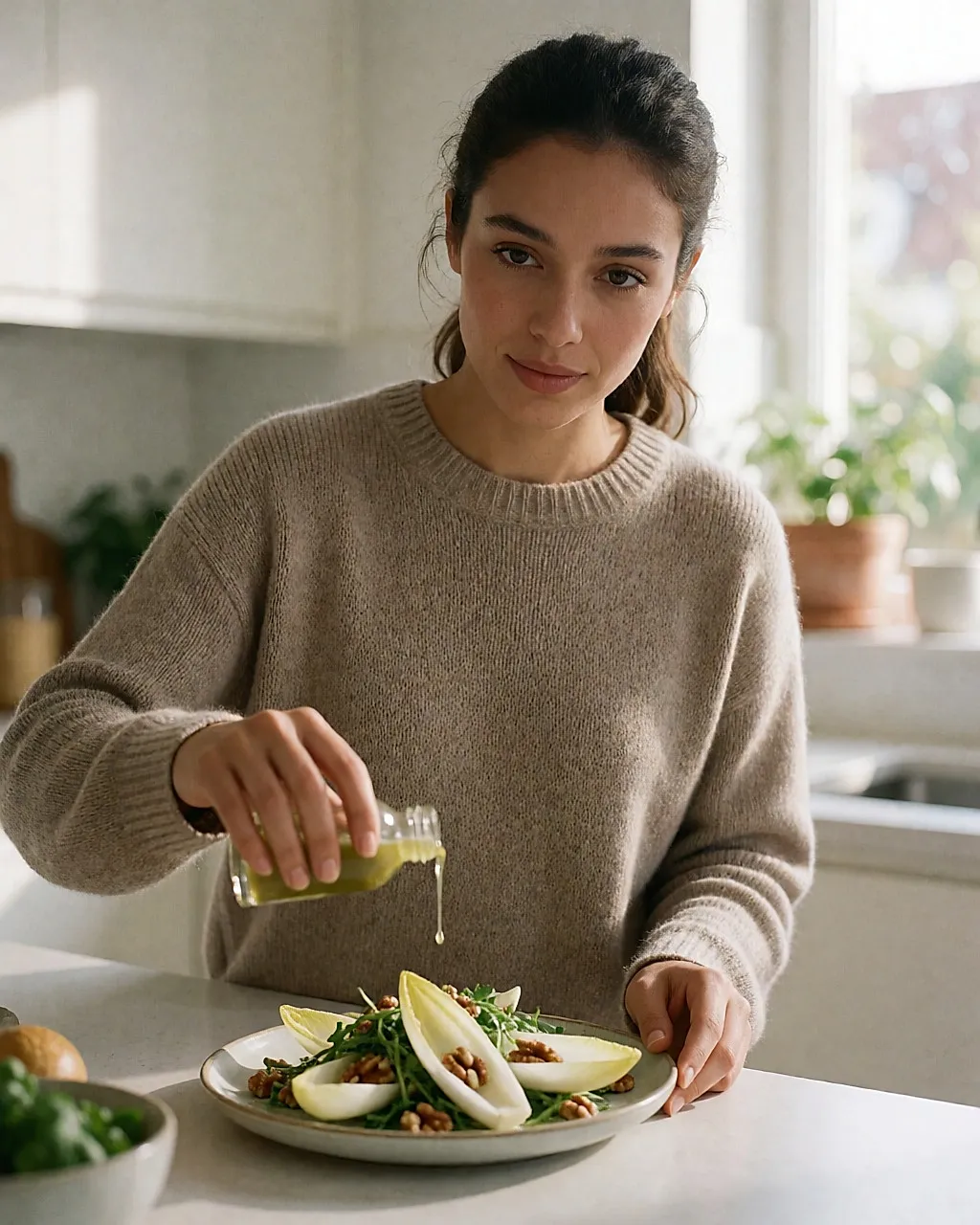 Mujer joven vertiendo un chorrito de aceite de café sobre una ensalada de endivias con nueces