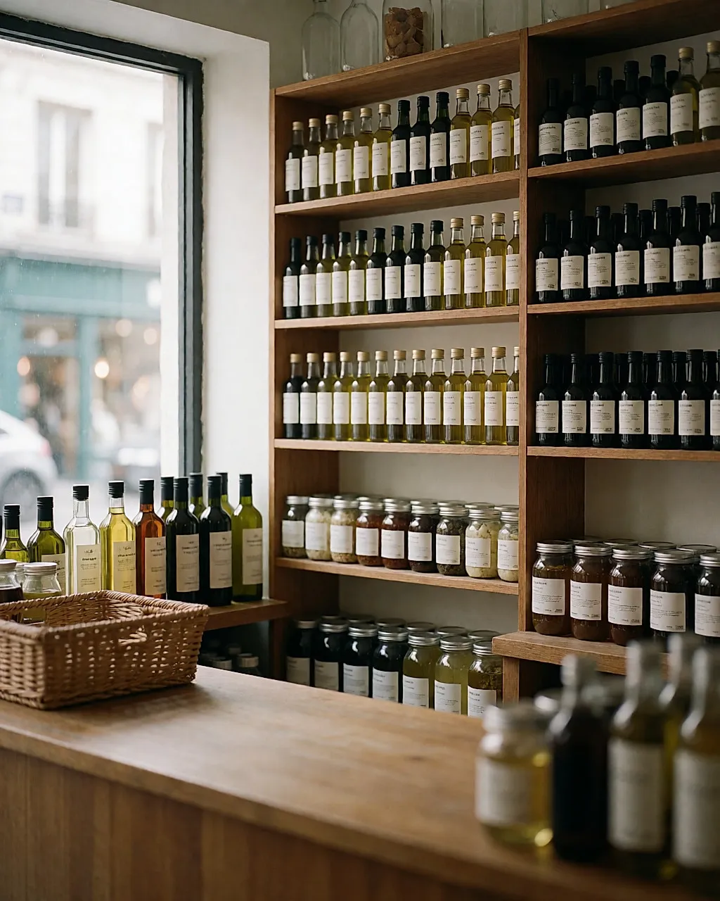 Interior de una tienda gourmet, estanterías de madera con botellas de aceites y vinagres sin etiqueta