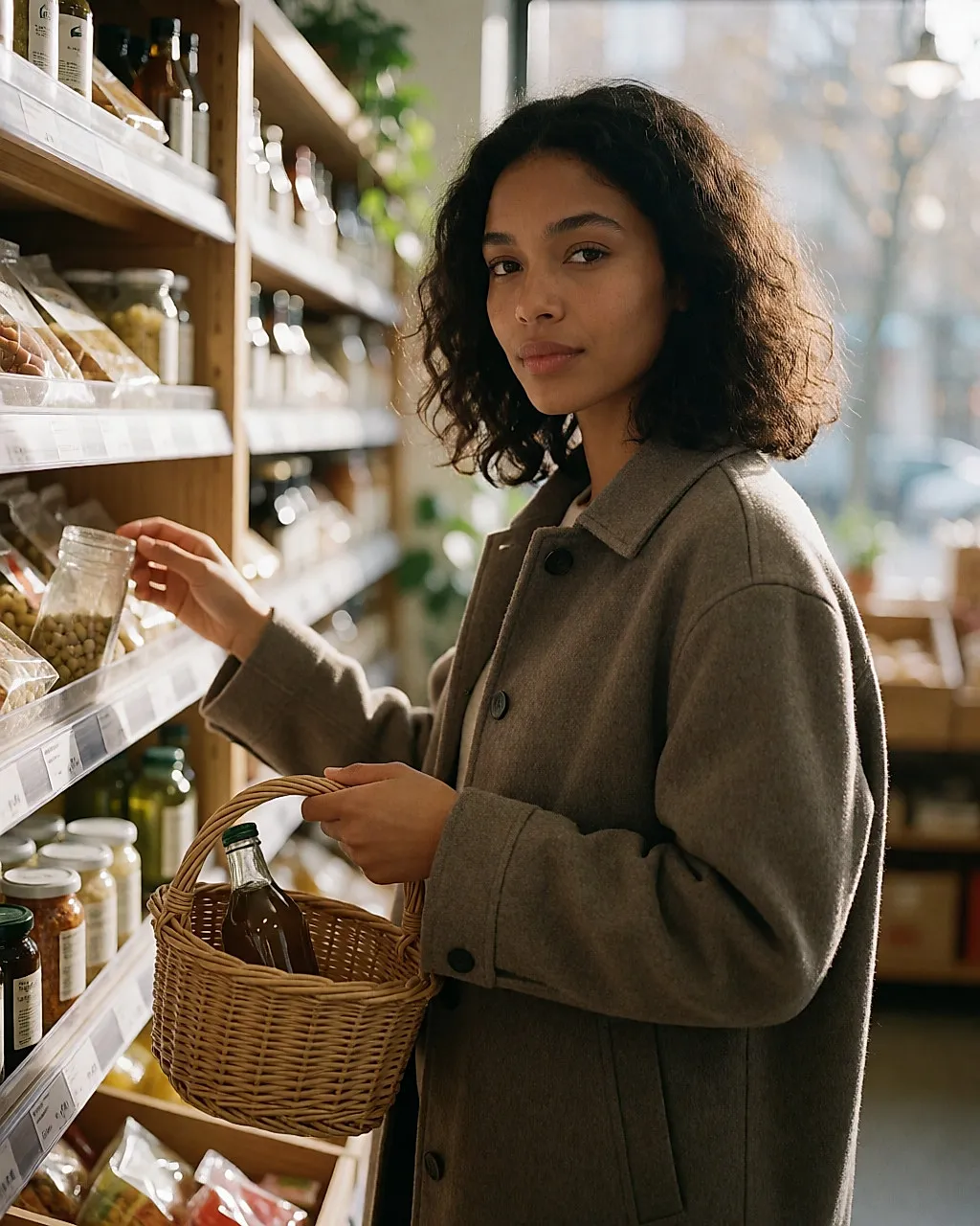 Mujer joven mestiza recorriendo las secciones de una tienda gourmet con un cesto de mimbre