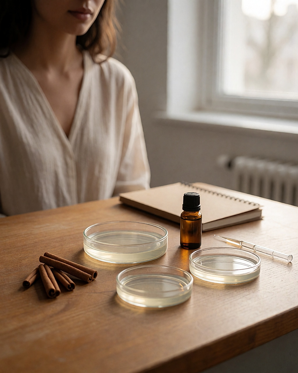 Boîtes de Petri en verre, pipette et petit flacon d'huile essentielle sur une paillasse en bois